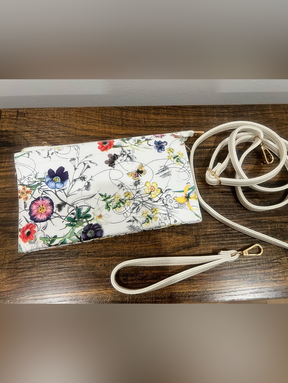 White Floral Convertible Crossbody Bag with Detachable Strap